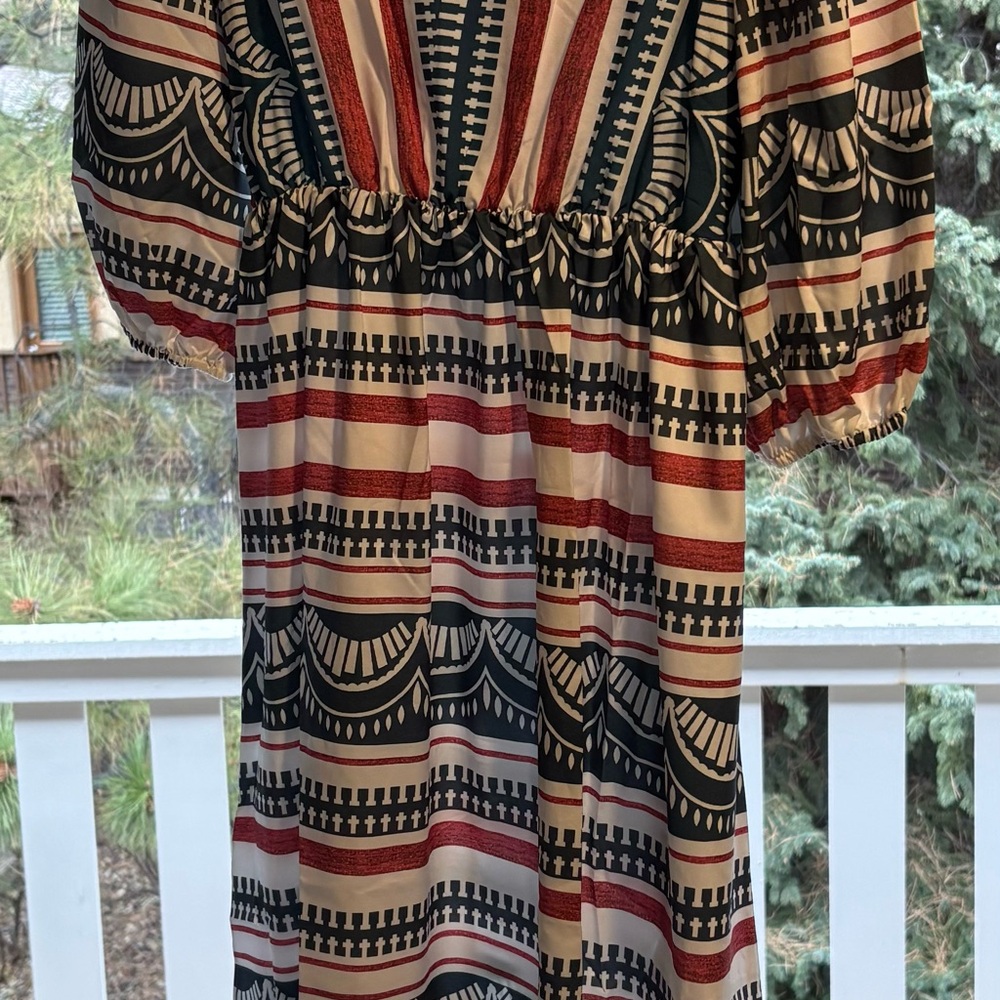 Elegant Red, White, and Navy Patterned Dress